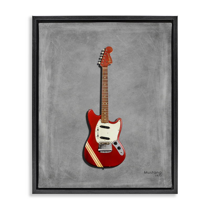 Guitare rouge sur cadre flottant gris, design par Mark Rogan, H 31 po x l 25 po, Cadre flottant noir de jais