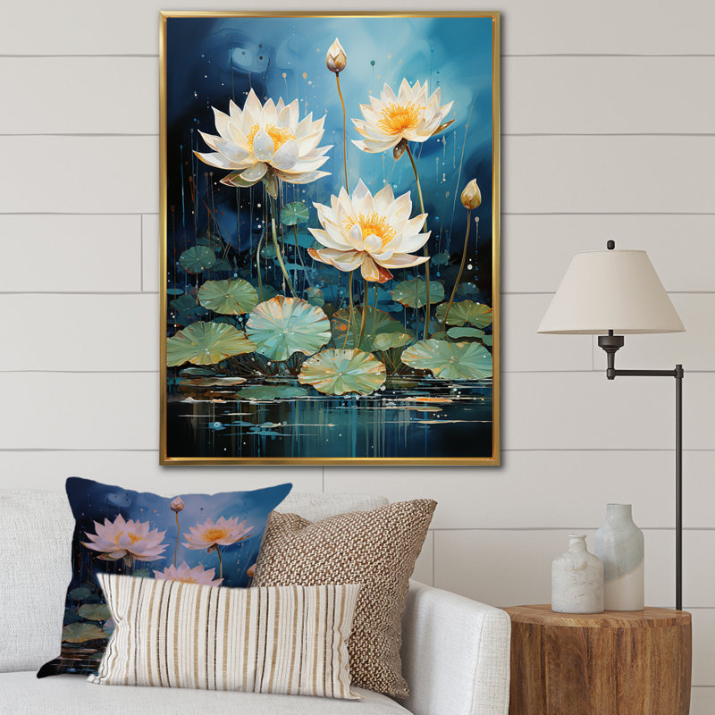 Impression sur toile, surréel et aquatique Lotus fantaisie I, Cadre flottant doré, H 20 po x l 12 po x P 1 po