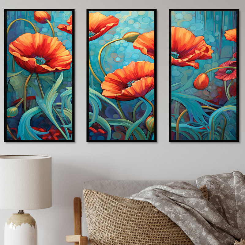 Corail et turquoise coquelicots dansant avec pétales - ensemble de reproductions d'art mural coquelicots, Cadre flottant noir