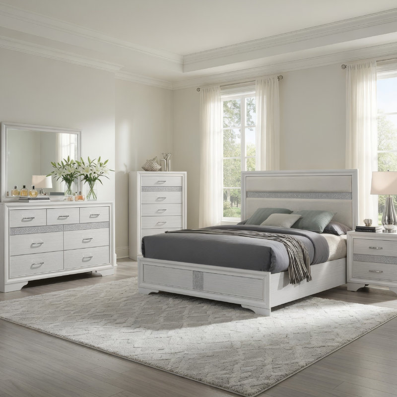 Ensemble de grand lit 5 pièces avec commodes, miroir, paillettes Vino White, Grand, Blanc