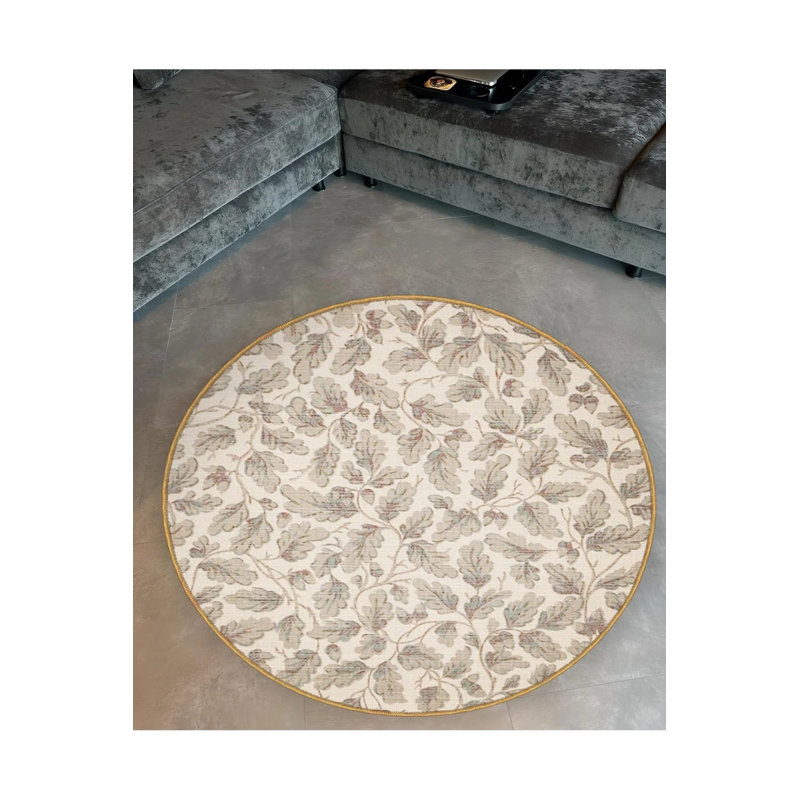 Beige Floral Patterned Round Woven Base Modern Decorative Carpet, Round 4'