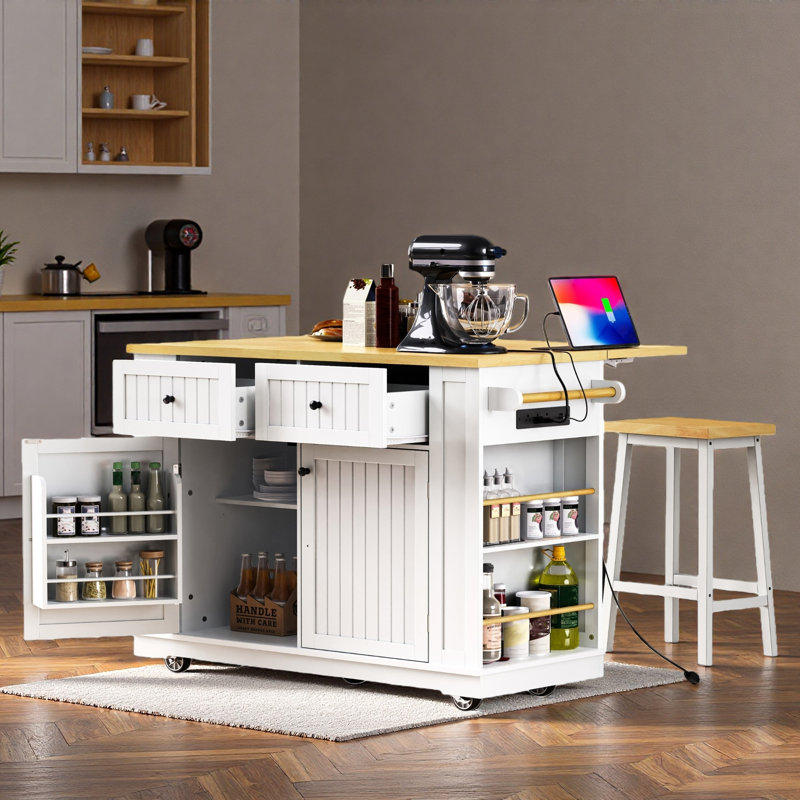 Grand îlot de cuisine roulant avec 2 tabourets de bar, abattant, prise de courant, supports de rangement internes, 5 supports latéraux ouverts, 2 tiroirs