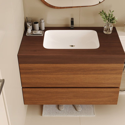 Meuble-lavabo flottant moderne 29,9 po avec comptoir en faux marbre et lavabo encastré en céramique, fixation murale pour petites salles de bain et appartements