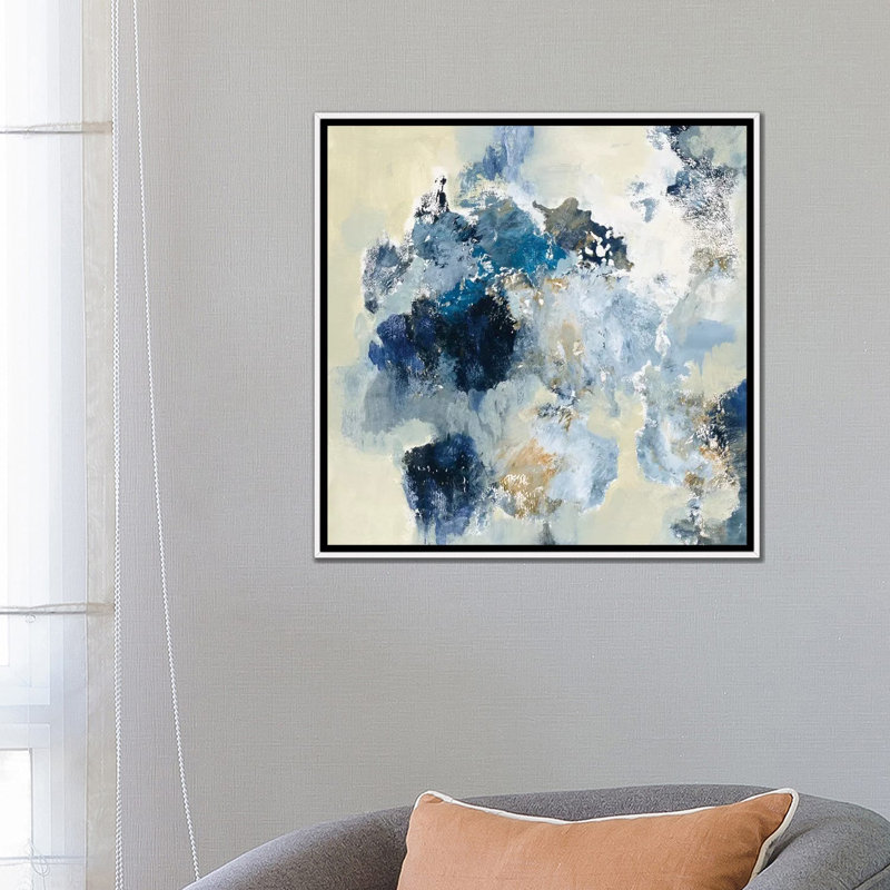 " Indigo Monotype " by Silvia Vassileva, 26'' H x 26'' W x 1.5'' D, White Framed Canvas, No Mat