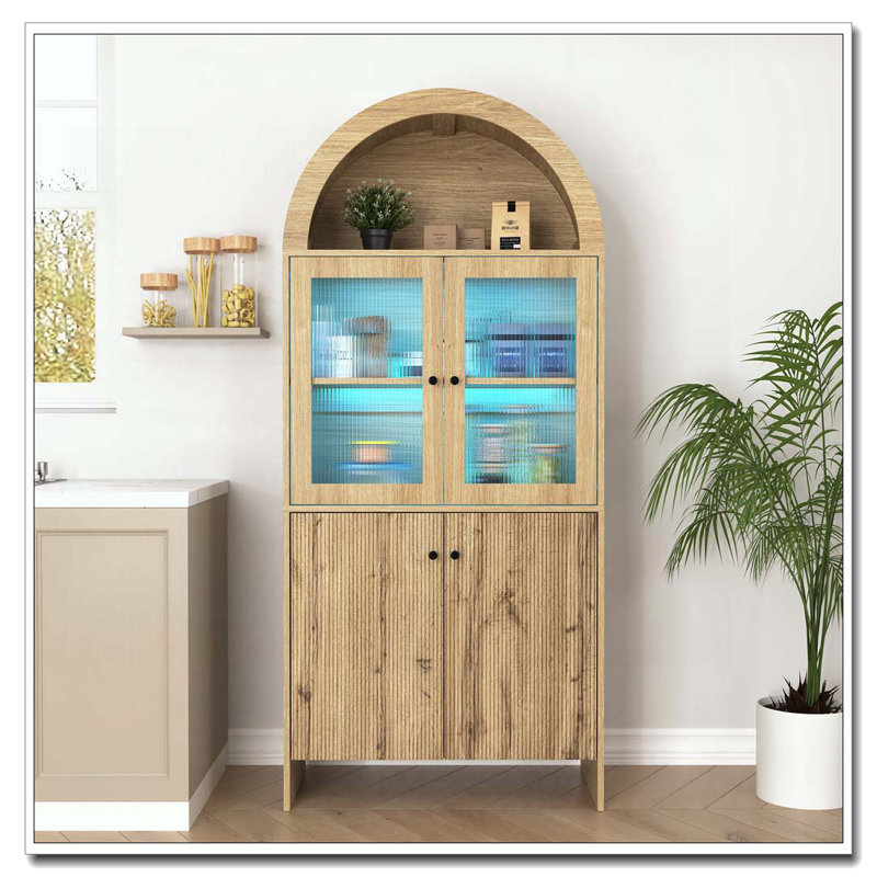 Arch Storage Pantry Cabinet with LED Lighting, Natural Wood