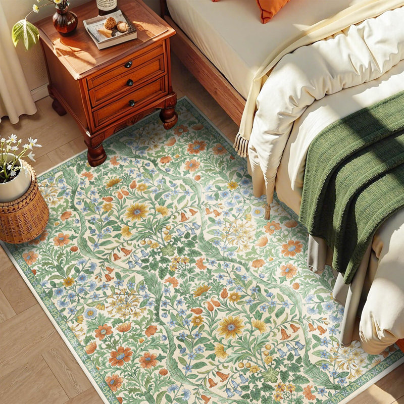 Washable Area Rug - Vintage Boho Botanical Low-Pile Rug, Rectangle 3' x 5', Grass Green