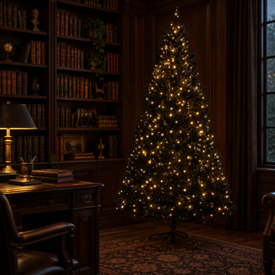 Sapin de Noël artificiel noir 7,5 pi pré-éclairé avec 500 lumières à DEL blanc chaud et 1346 extrémités de branches réalistes avec support en métal pliable et stable pour la décoration des fêtes