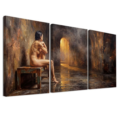 Seated Nude Woman Facing Arched Doorway Set Of 3 Canvas Wall Art