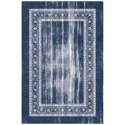 Bixbyite Modern Distressed Solid Blue Gray White Non-Slip Low Pile Indoor Outdoor Pet Friendly Living Room Bedroom Dining Room Entryway Hallway Office Washable Rug