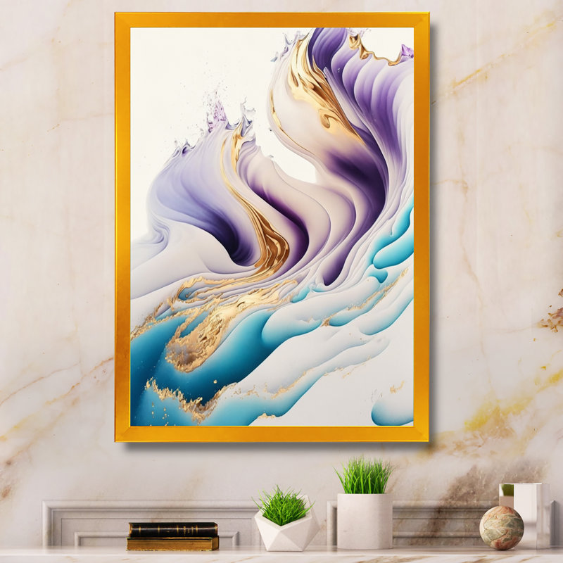 «Blue, Gold and Mauve Abstract Waves IV», peinture sur toile, H 40 po x l 30 po x P 1,5 po