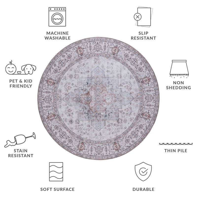 Melaya Performance Machine Washable Oriental Rug, Round 6'