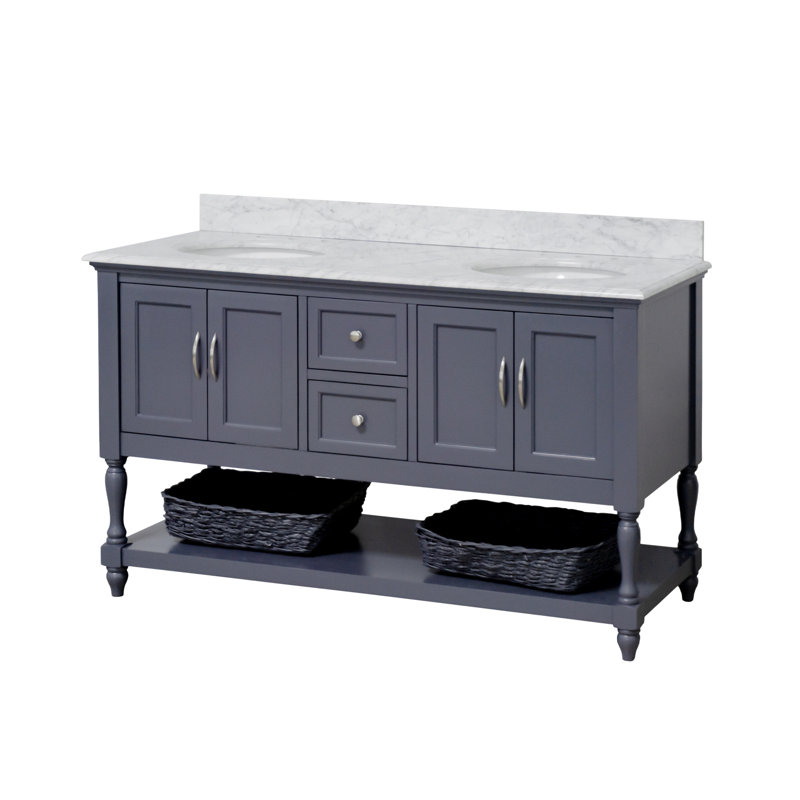 Hampton 60'' Double Bathroom Vanity with Top, Marine Grey, Carrara Marble