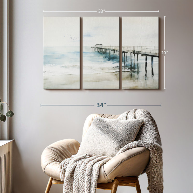 «Idyllic Coastal Jetty», 3 pièces sur toile, H 20 po x l 33 po x P 1,25 po