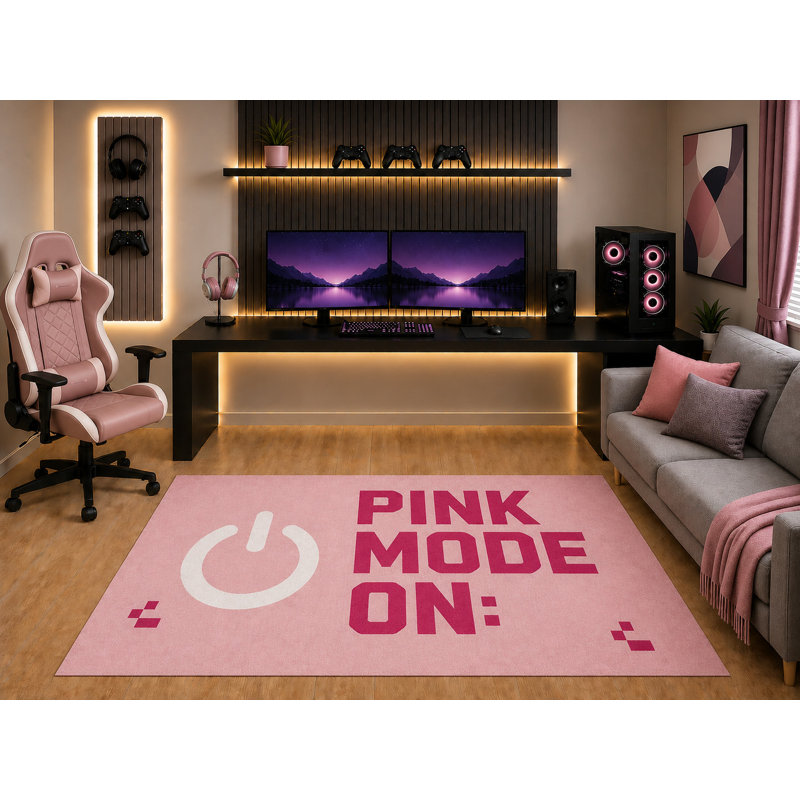 Tapis de jeu rose « ultra-léger » 152 x 213 cm (5 pi x 7 pi) avec motif bouton d'alimentation, idéal pour une chambre d'ado, une salle de jeux ou une salle de jeux. Dos en silicone antidérapant. Poils courts.