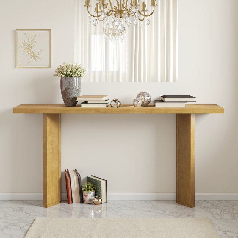 Console en placage de pin avec base géométrique, cadre en panneau de fibres à densité moyenne pour le hall d'entrée ou le salon