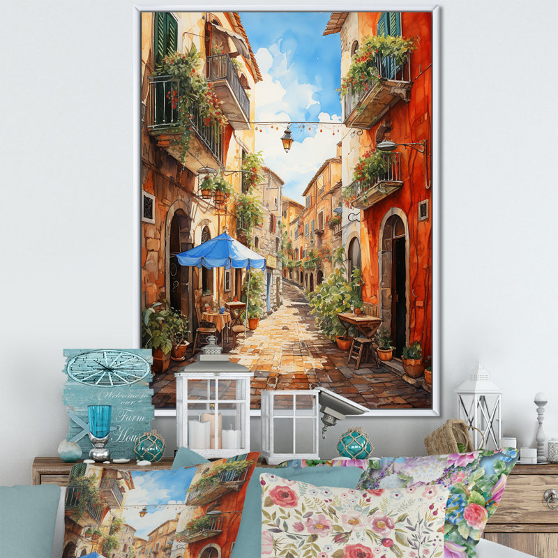 «Italian Village Essence 1», art mural Italie, H 40 po x l 30 po x P 1,5 po, Cadre flottant blanc