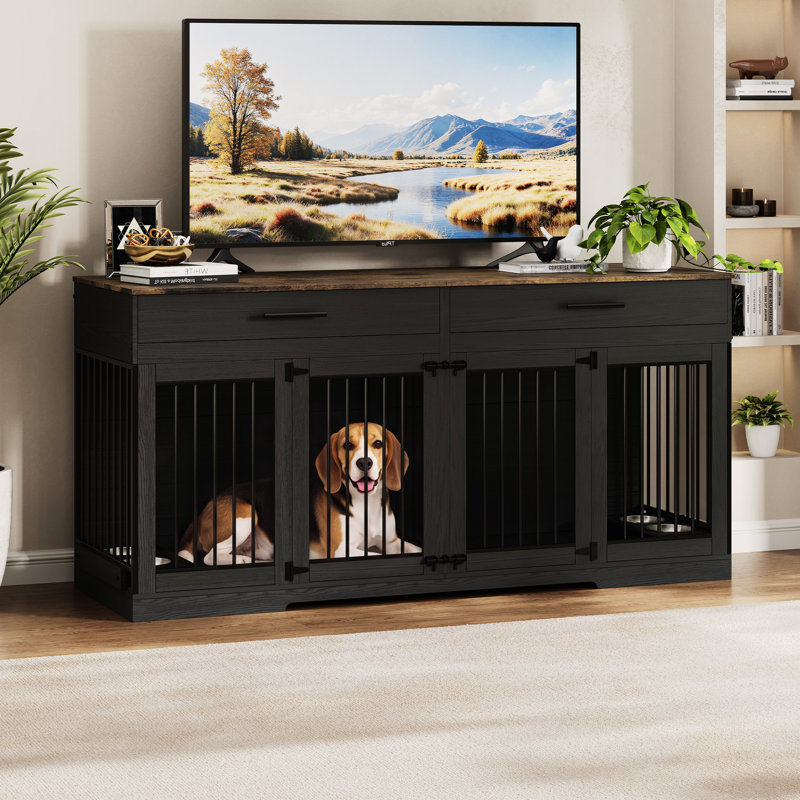 Cage pour chien en bois Fatoumata avec séparateur renforcé, 2 tiroirs et 2 bols pour chien., Noir / brun