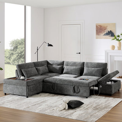 Sectional Sleeper Sofa Bed With USB Charging And Modular Ottoman