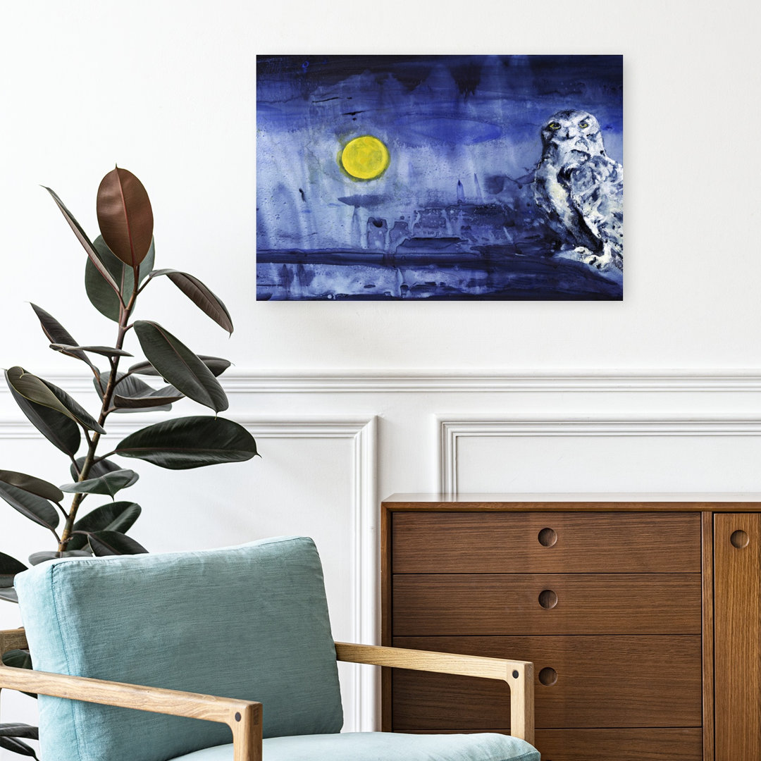 Snowy Owl Moonlight Dreamy Peaceful Serene Bird Owl Forest Landscape Wall Art Print