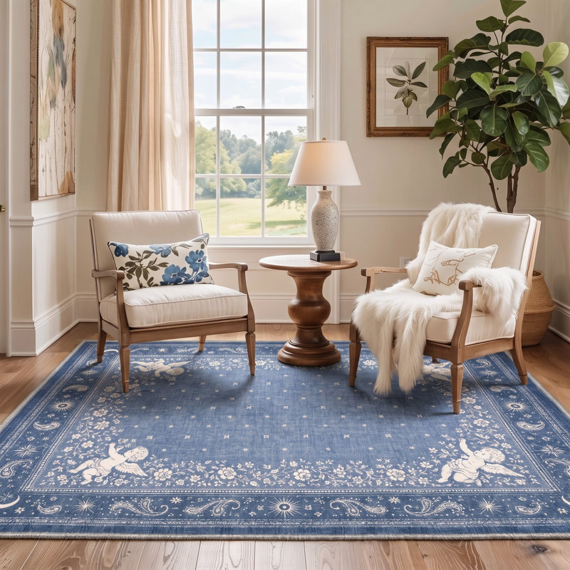 Tapis bleu / ivoire lavable à la machine avec envers antidérapant, Rectangulaire 8 pi x 10 pi