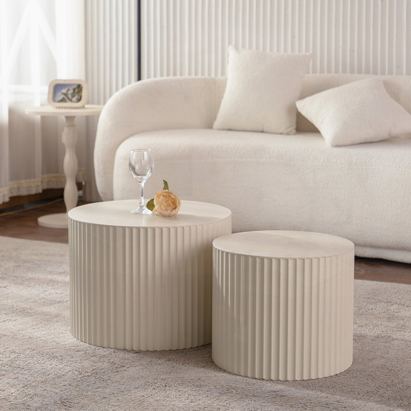 Ensemble de 2 tables basses rondes Nesting, H 15,16 po x l 33,86 po x P 33,86 po, Beige / Blanc