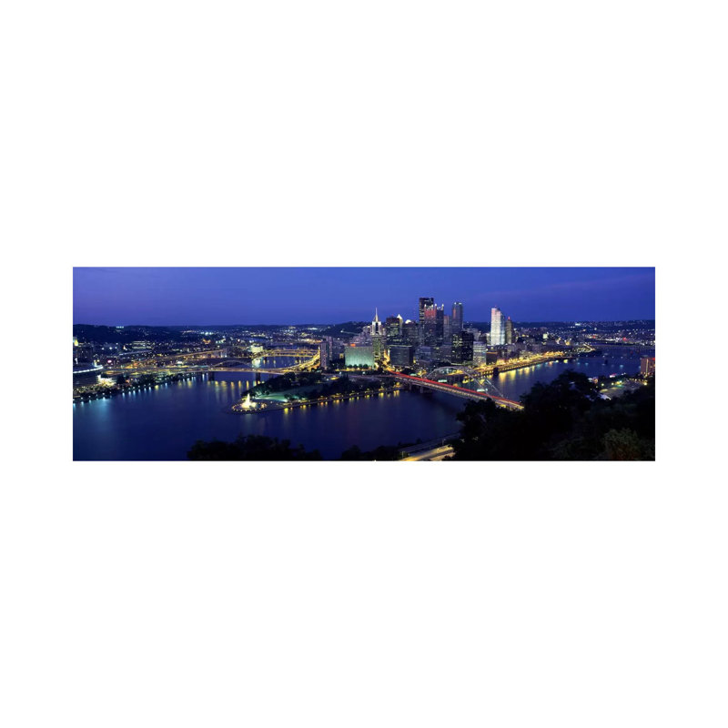 Buildings Along A River Lit Up At Dusk, Monongahela River, Pittsburgh, Allegheny County, Pennsylvania, USA - Wrapped Canvas Panoramic Print