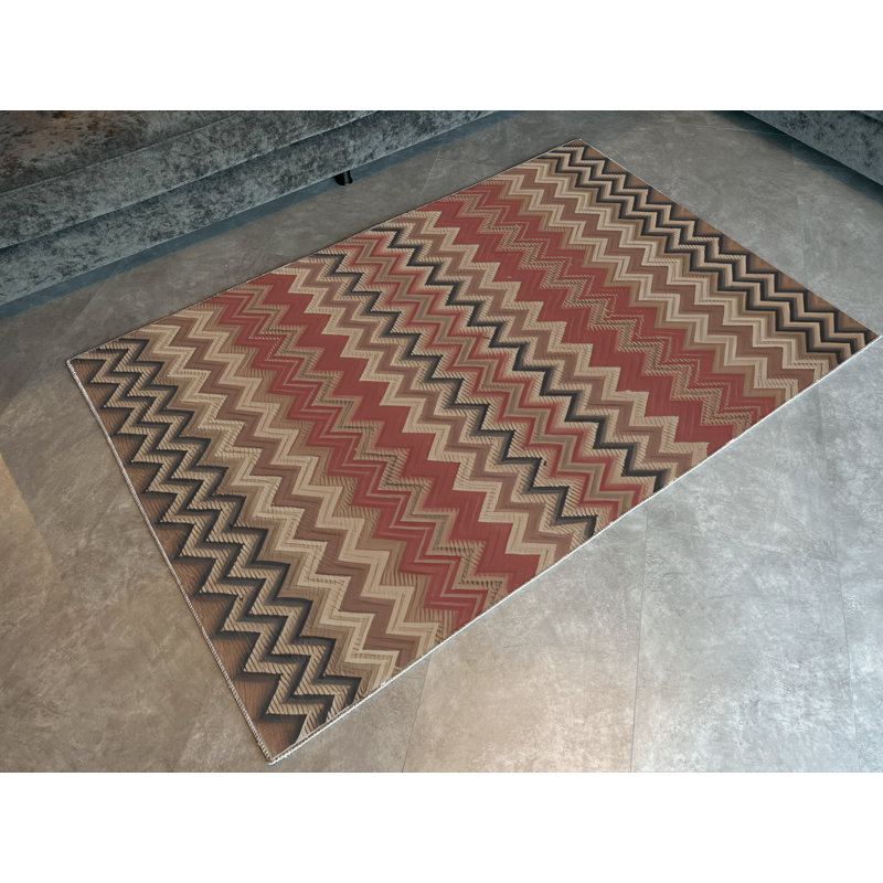 Tapis décoratif moderne multicolore à motif géométrique en zigzag foncé, Tapis de couloir 3 pi 3,37 po x 6 pi 6,74 po