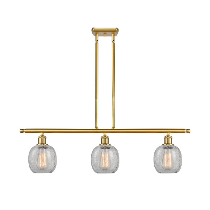 Luminaire suspendu linéaire pour îlot de cuisine 3 lumières Carlucci, Transparence craquelée, Or satiné