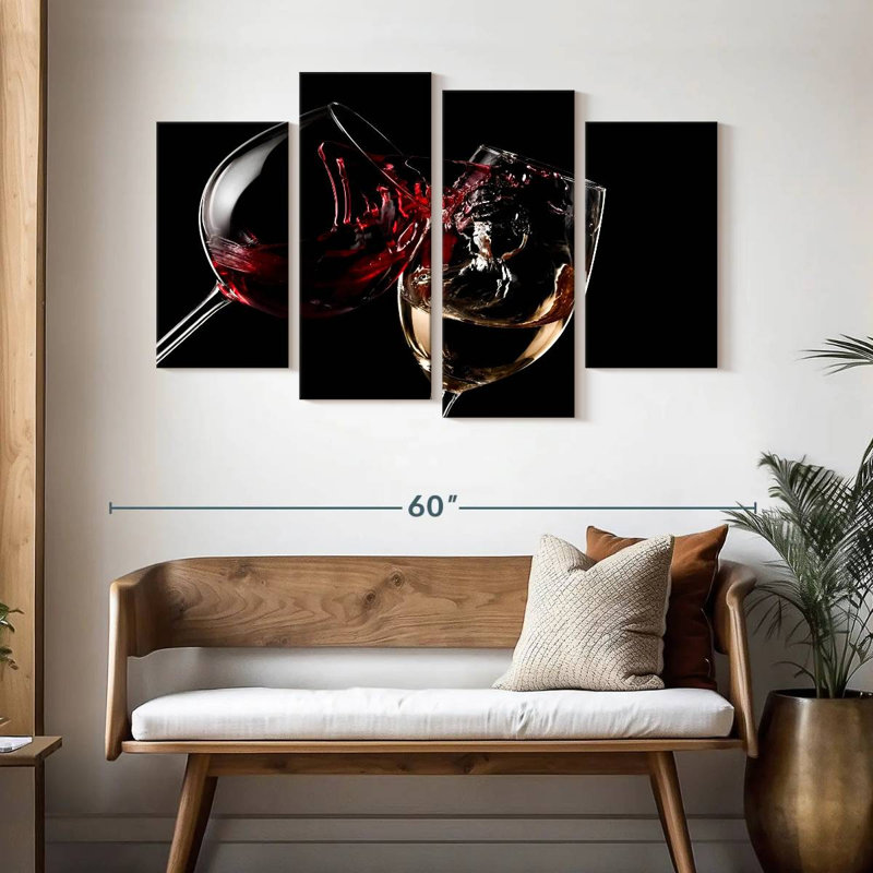 Ensemble de verres à vin rouges et blancs sur toile 4 pièces, H 32 po x l 52 po x P 1,25 po