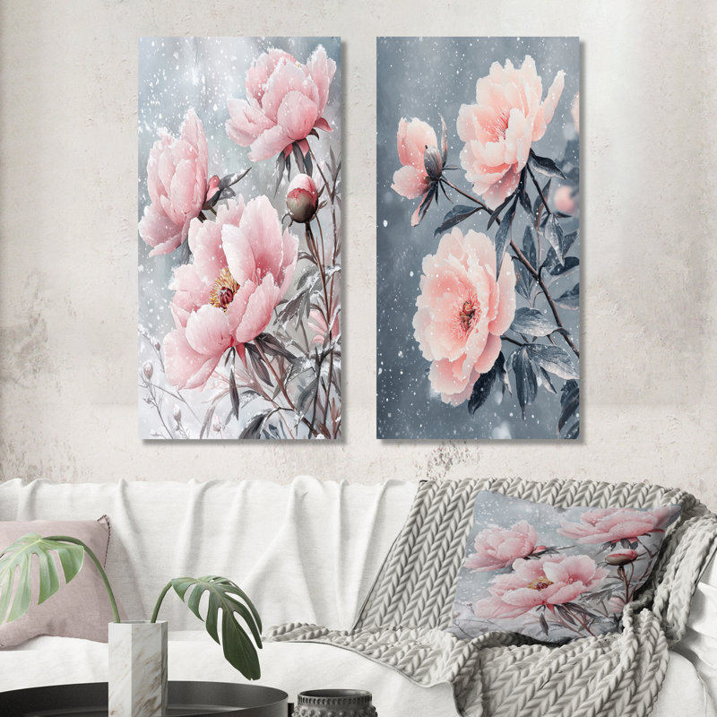 Pivoines au vent d'hiver I - Art mural floral 2 pièces, H 28 po x l 25 po, Toile tendue
