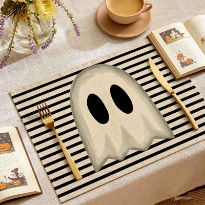 Halloween Themed Linen Placemat Ghost  Striped Print Heat  Table Mat For Holiday Dining  Party