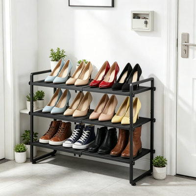 Expandable Shoe Rack for Closet, Adjustable Metal Shoe Organizer for Entryway, Stackable Long Shoe Stand Holder for Garage Hallway Door Entrance, 3 Tier