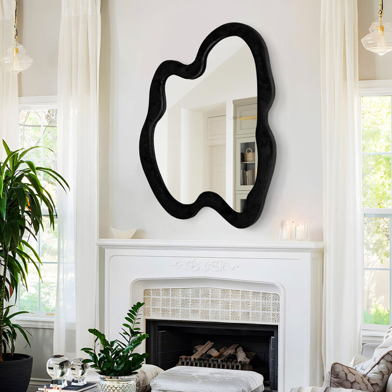 Lochan Asymmetrical Wall Mirror with Velvet Frame - Unique, Irregular Shaped Design for Living Room, Bedroom, or Hallway Decor