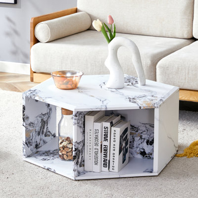 Hexagonal MDF Coffee Table, Characteristic Pattern Stickers, Multi-Hole Design To Give More Storage Space
