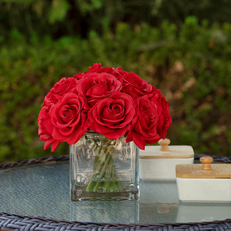 Silk Rose Arrangement in Vase, Red