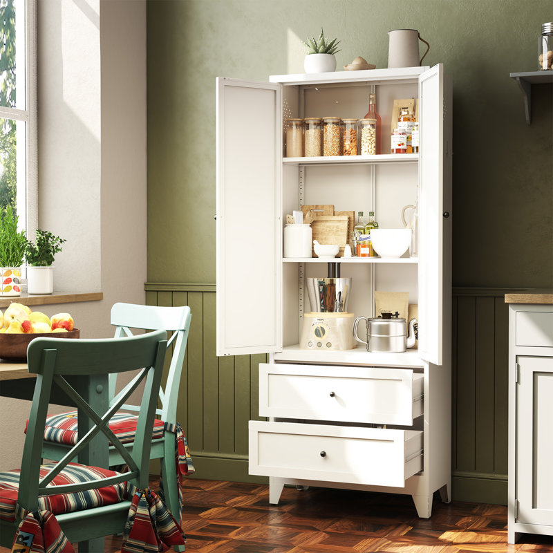 Garde-manger autoportant en acier de 72 pouces avec tablettes et tiroirs réglables, White