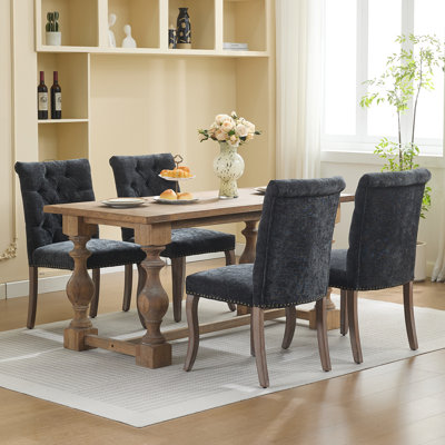 Ensemble de 6 chaises de salle à manger noires rembourrées capitonnées avec pieds en bois massif, chaise d'appoint en chenille moderne pour salle à manger, cuisine, salon, noir