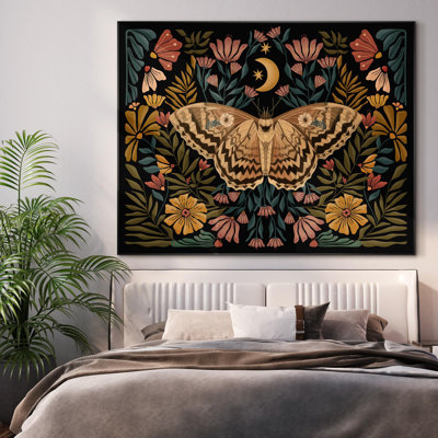 Extra Large Wall Art Fabric Print - Mystical Moth and Flowers with Moon Boho Art Artwork Decor for Living Room or Bedroom - "Frame Assembly Required (Unfinished Frame)"