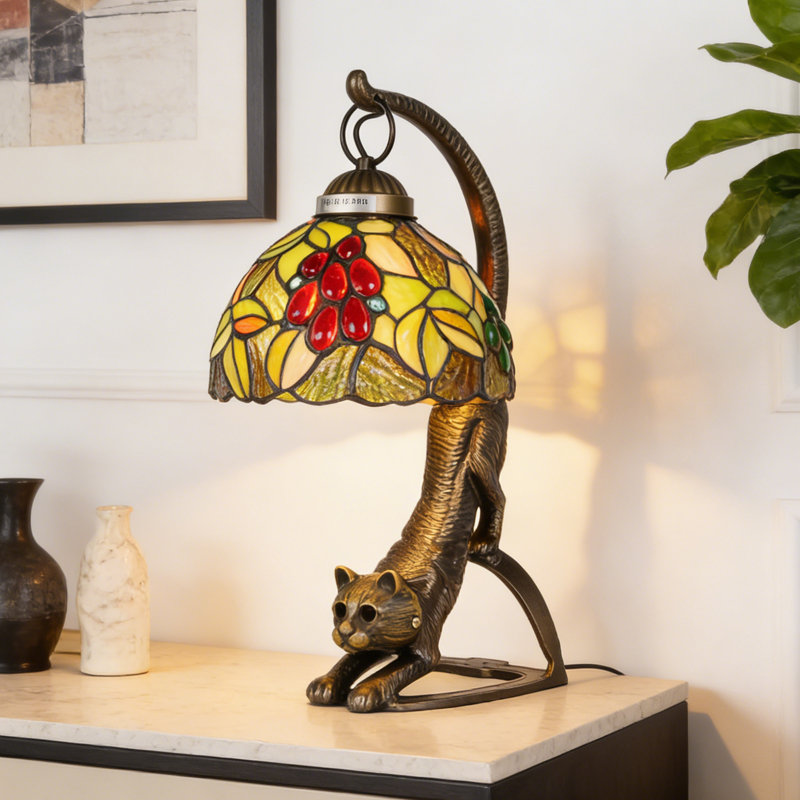 Vintage Cat Figurine Stained Glass Table Lamp - Rustic Animal Accent Light