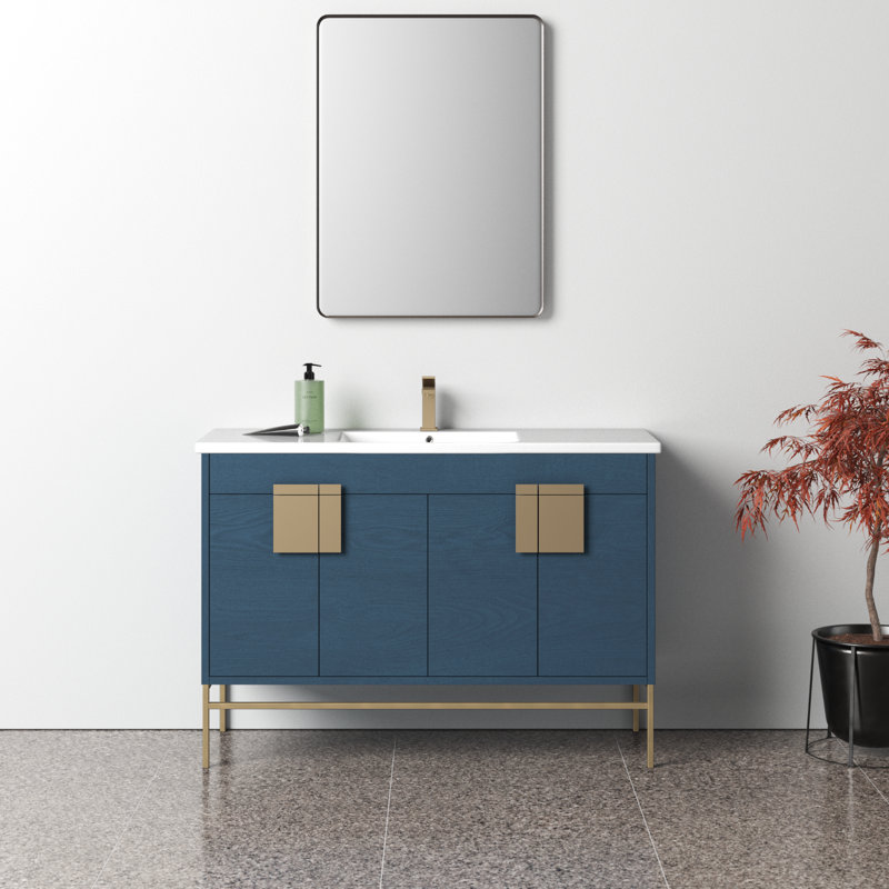 Maisie 48'' Single Bathroom Vanity with Ceramic Top, Satin Brass, French Blue
