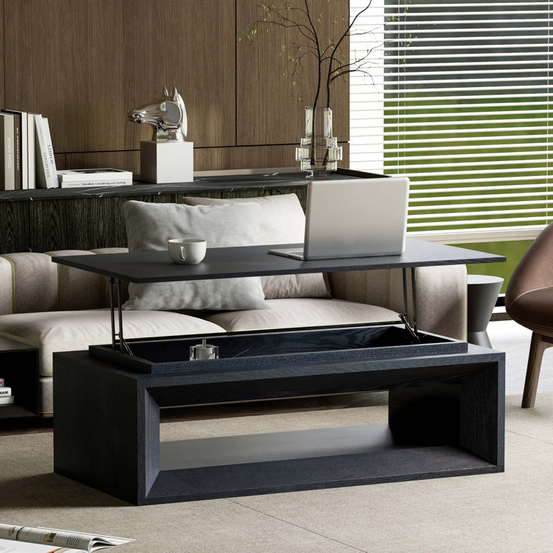 Table basse à plateau relevable moderne avec rangement caché et design flottant, Black
