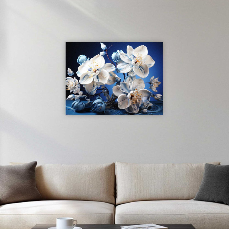 «Serene Petals of White and Blue Orchids», impression sur toile, art mural de qualité supérieure pour le salon, 24 x 32 po