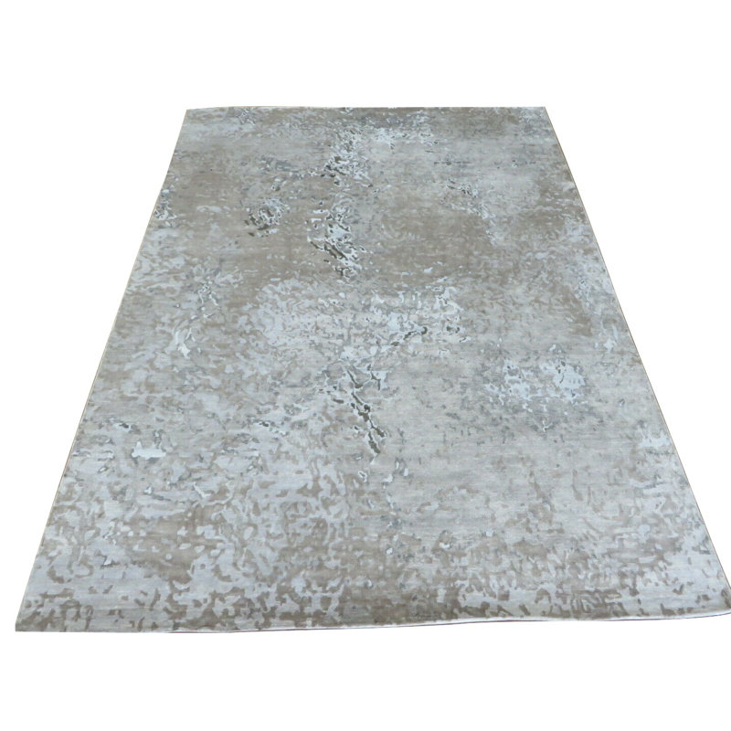 Tapis unique en soie noué à la main ivoire / gris 10 pi 2 po x 14 pi Bettine