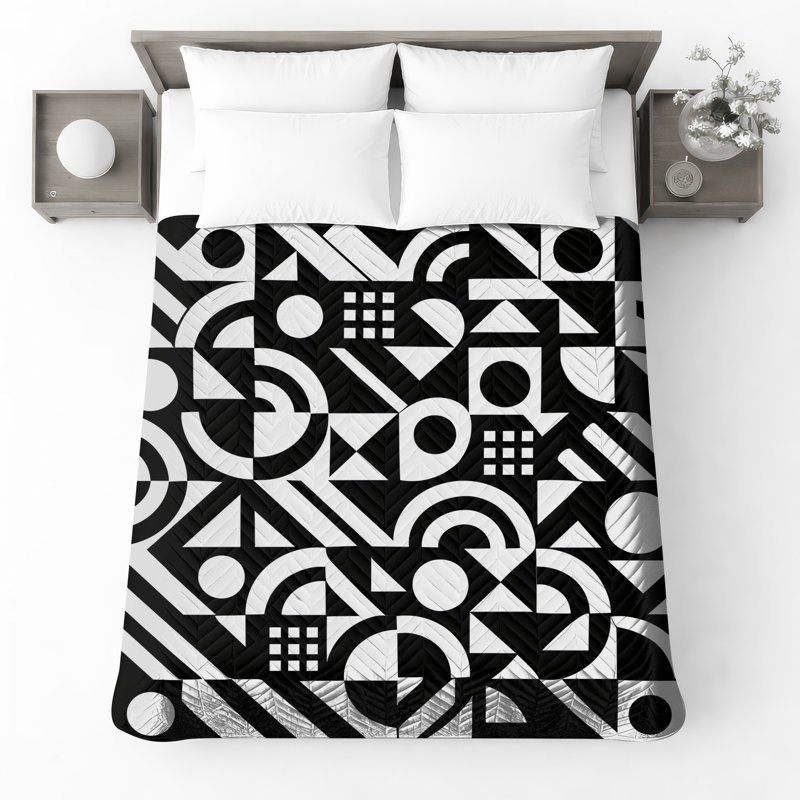 Couvre-lit matelassé noir et blanc à motif géométrique toutes tailles, Grand lit