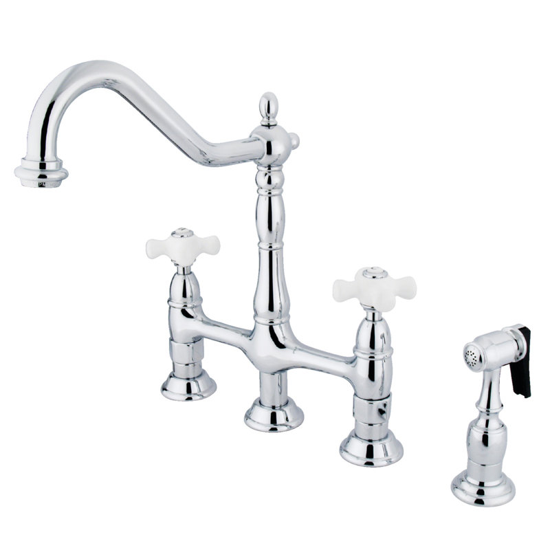 Kingston Brass Heritage Two-Handle 4-Hole Deck Mount Bridge Kitchen Faucet with Brass Side Sprayer, Polished Chrome