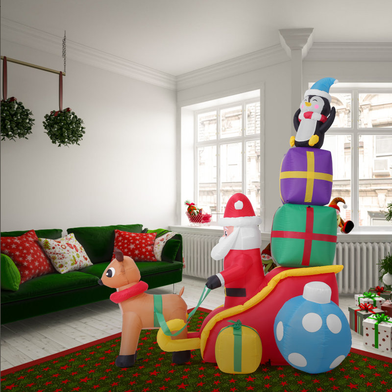 Inflatable Santa Claus On Sleigh With Reindeer And Penguin – 5.9 Feet Long With LED Lights