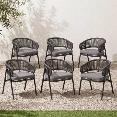 All-Weather Outdoor Dining Chairs, Rope Woven Patio Armchairs with Cushions (Set of 6)