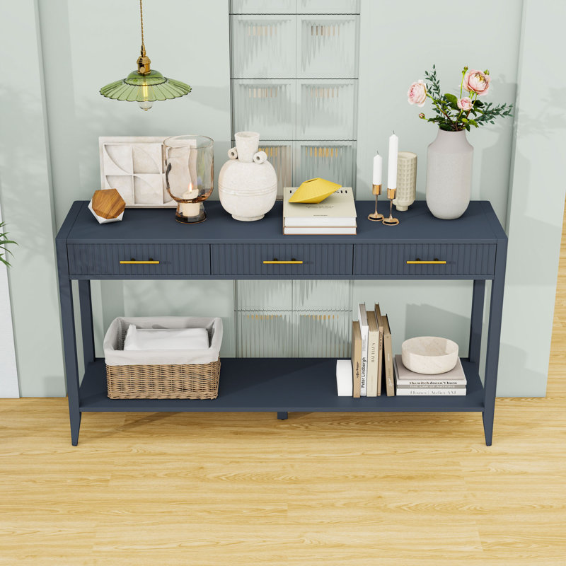 Console en bois avec 3 tiroirs et tablette de rangement, Marine