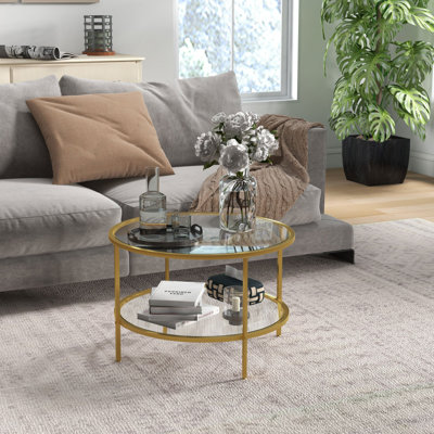 Table d'appoint avec rangement HOMcom, table de bout ronde 26 po, table basse à 2 niveaux en verre trempé avec cadre en acier pour le salon, doré