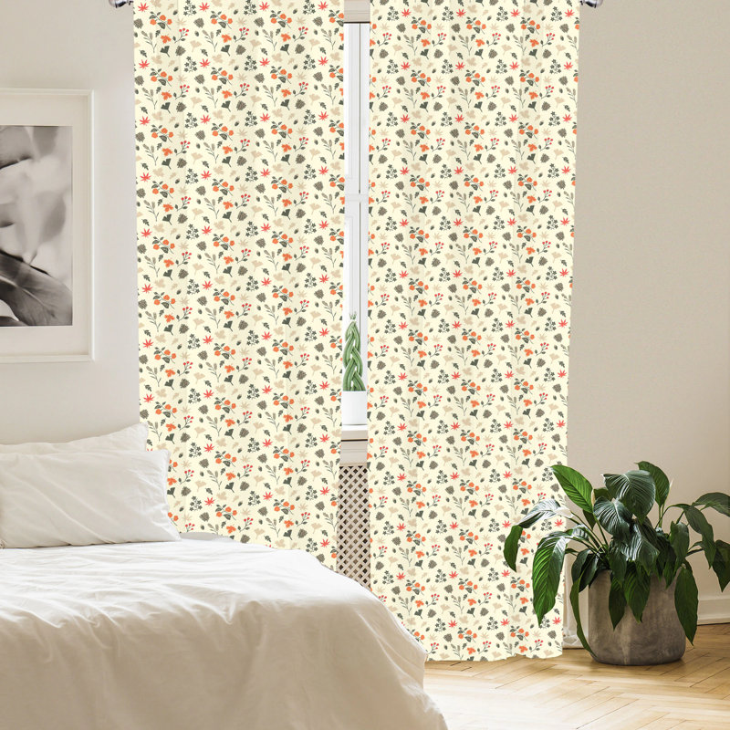 Cream and Dark Peach Floral Rod Pocket Curtain Panels, 28" x 63"